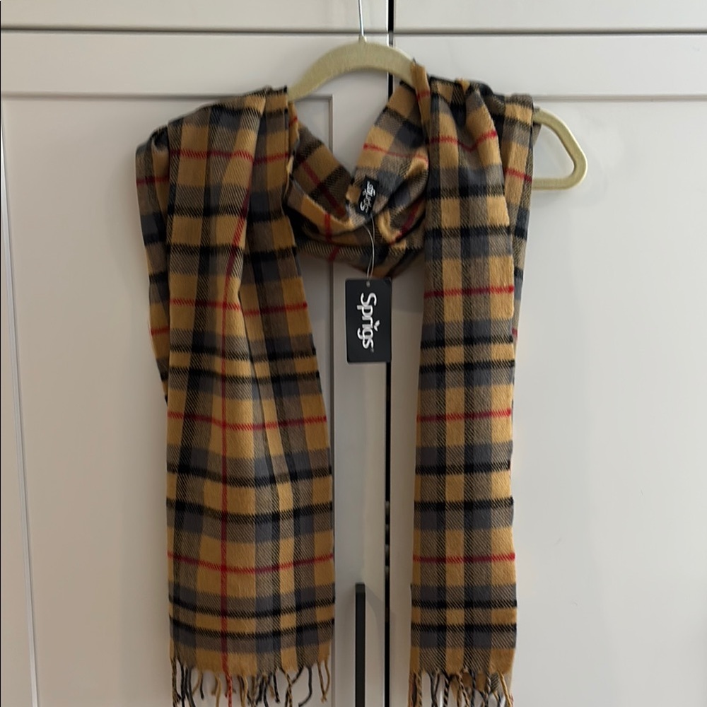 Classic Plaid Scarf by Sprigs. New with Tags.Tan,Red,Black and Gray.